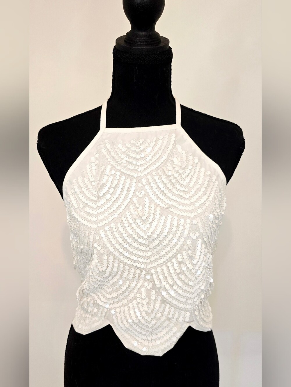 White Sequin Halter Crop Top – Scallop Sequin, Open Back Tie, Party, New Year